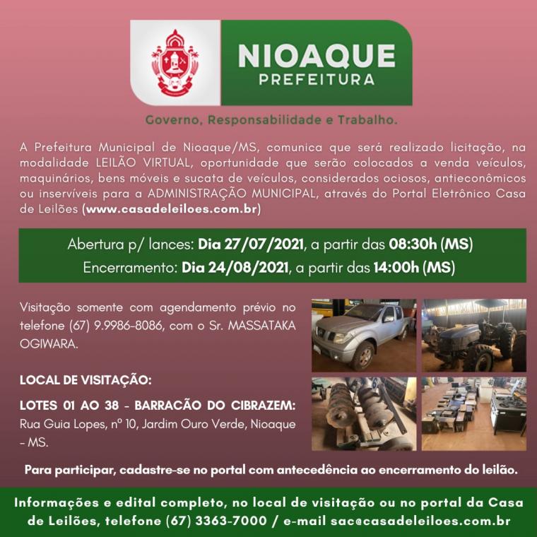 Prefeitura de Nioaque realiza Leilão Virtual 
