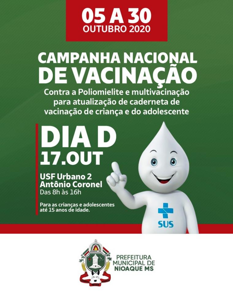 Dia 17 de Outubro será o dia D da Campanha de Vacinação contra a Poliomielite e multivacinação em Nioaque 